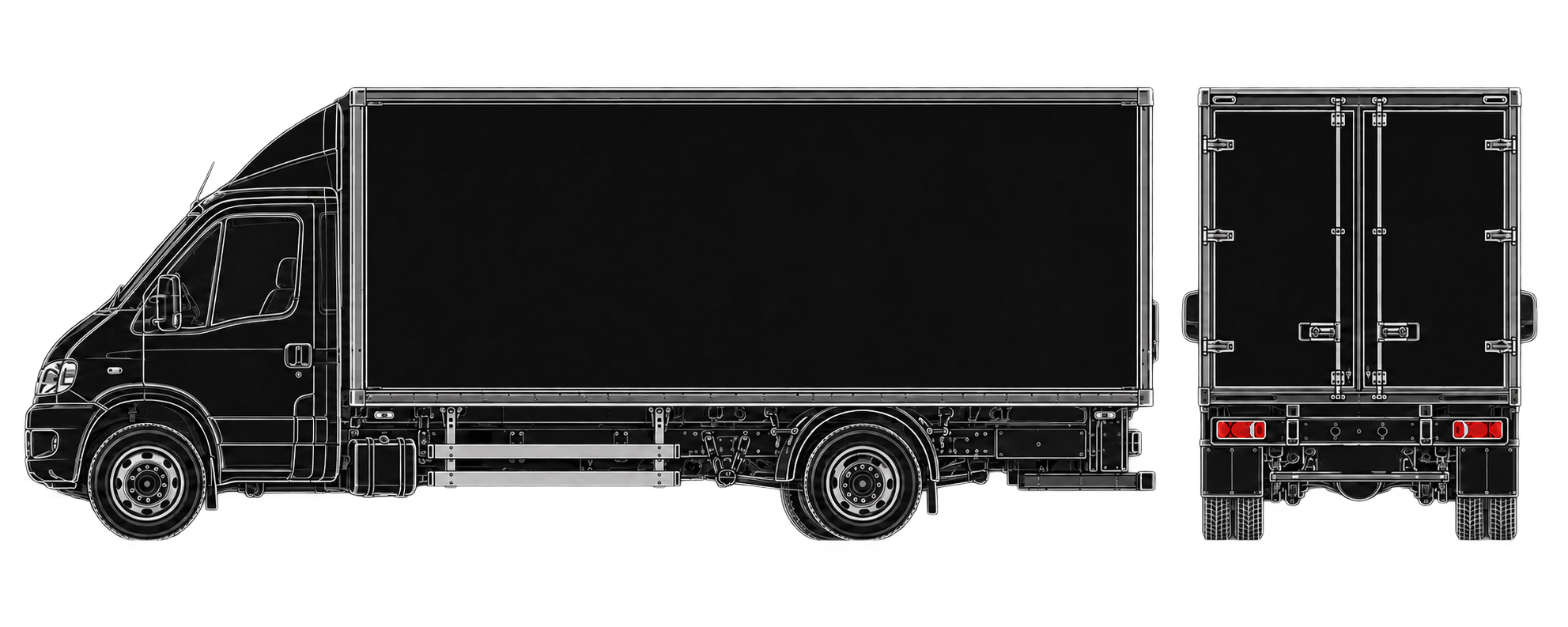 Dupla hátsó kerekes Iveco Daily zárt dobozos költöztető teherautó teljes oldalnézetből és hátulnézetből