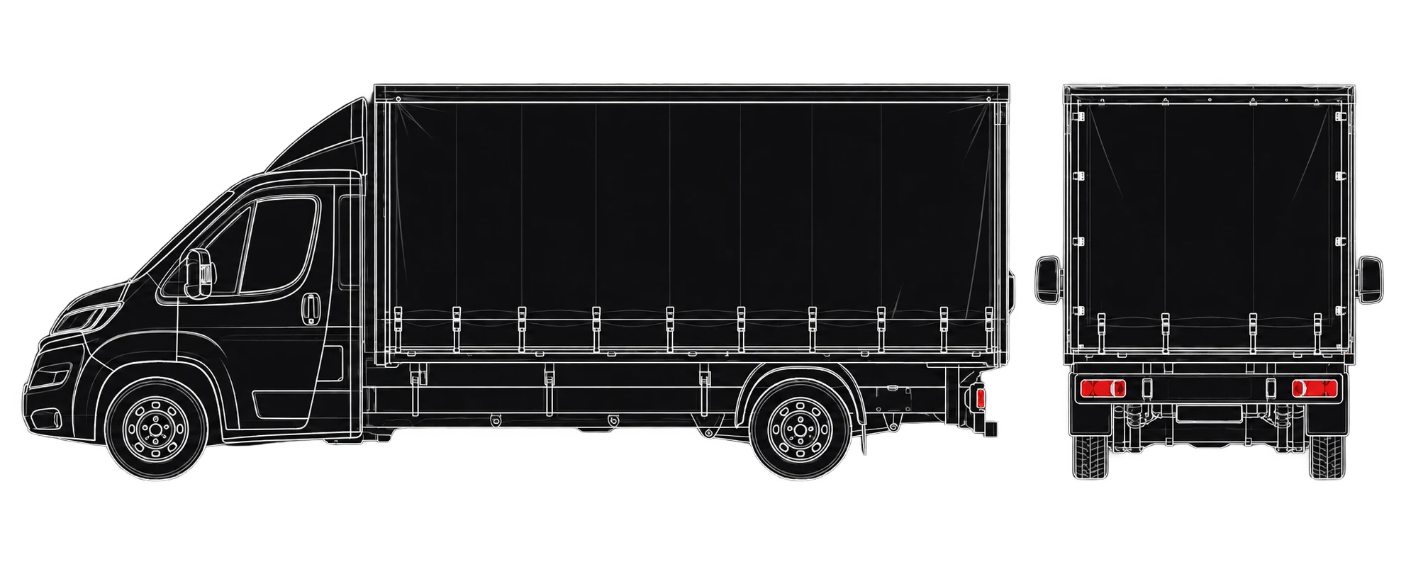 Fiat Ducato Maxi ponyvás költöztető teherautó részletes vonalrajza oldal- és hátulnézetből